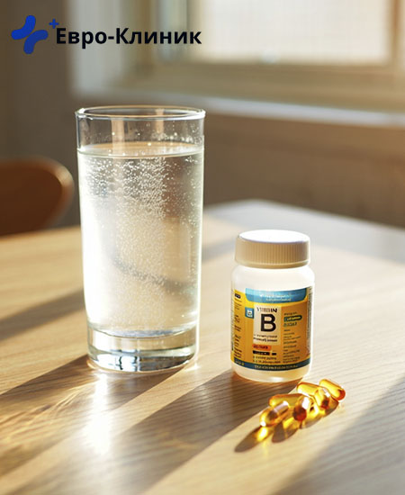 стакан минералки и витамины группы В на столе
